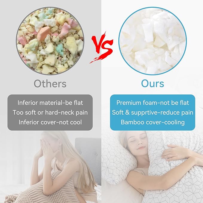 Cooling Shredded Memory Foam Pillows for Sleeping 2 Pack, Adjustable Bed Pillow for Side Back Stomach Sleepers Luxury Gel Pillows Queen Size Set of 2 with Washable Removable Cover