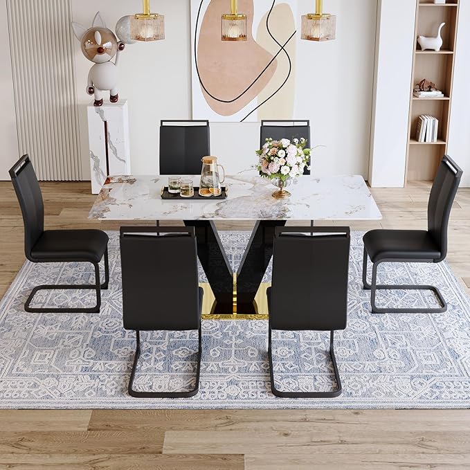 71'' Dining Table Set for 6,Modern Dining Room Table Set for 6,Marble Dining Table with 6 PU Leather Dining Chairs,Gold Dining Room Table with Glossy V-Shaped Base Ideal for Kitchen