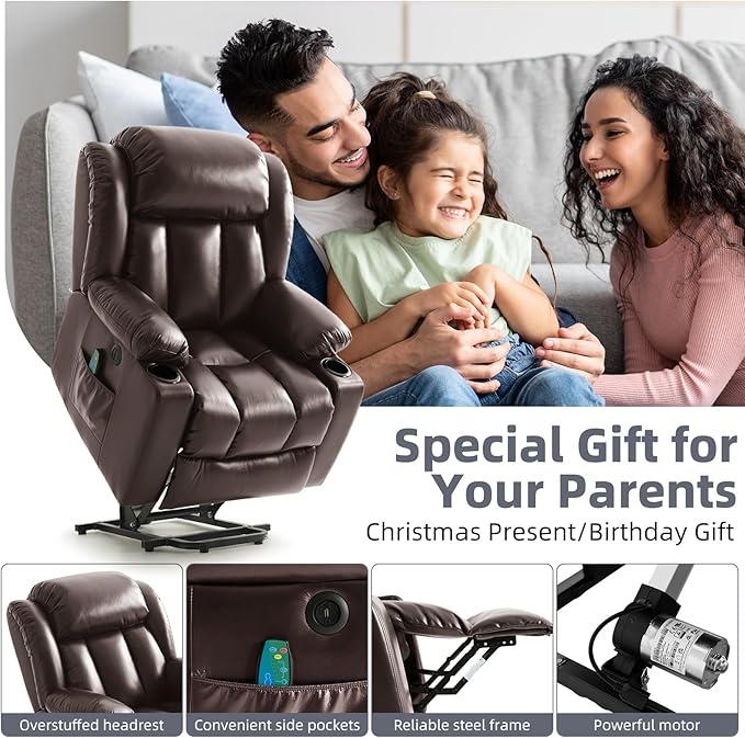Power Lift Recliner Chair for Elderly, Electric Recliner Chairs for Adults with Massage and Heat, Cup Holders, Remote Control, USB Ports, Side Pockets, Leather (Saddle Brown)