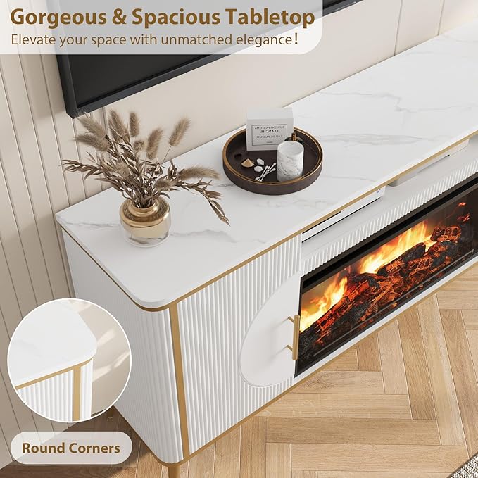 Fluted Fireplace TV Stand Up to 80" TVs, Modern Entertainment Center with 30" Electric Fireplace, Luxury Media Console with Adjustable Shelves for Living Room, White