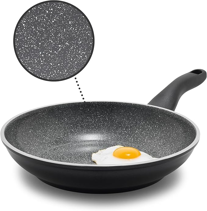 Rigoletto 8” Nonstick Frying Pan Skillet, Made in Italy, Vesuvio Layered Ceramic PFAS-Free Surface, Induction Ready, Dishwasher & Metal Utensil Safe, Granite Finish, Stay-Cool Handle, Black