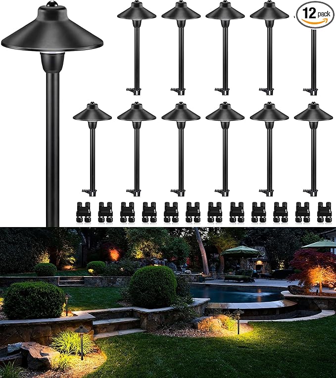 SUNVIE Low Voltage Pathway Lights LED Landscape Lighting 3000K Waterproof Landscape Path Lights 3W Low Voltage Landscape Lighting for Walkway Yard ETL Listed Cord, 12 Pack