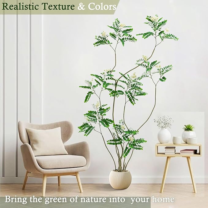 Artificial Locust Tree：6FT Faux Black Locust Floor Plant with White Flowers Small Round Silk Leaves & Elegant Branches in Beige Ribbed Planter for Indoor Home Office Decor Hotel Patio Studio