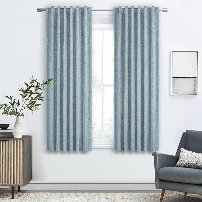 63 Inch Length Curtains for Living Room 2 Panel Set, 100% Blackout Linen Back Tab Pleated Insulated Thermal Room Darkening Curtains for Bedroom Black Out 63 Inches Long, Dusty Blue