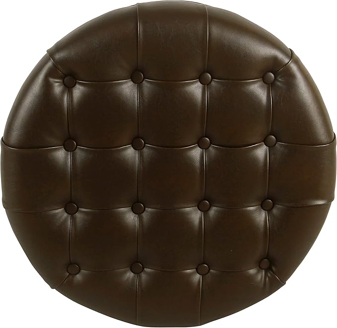 Homepop Home Decor | Button Tufted Faux Leather Round Storage Ottoman | Ottoman with Storage for Living Room & Bedroom (Distressed Brown)