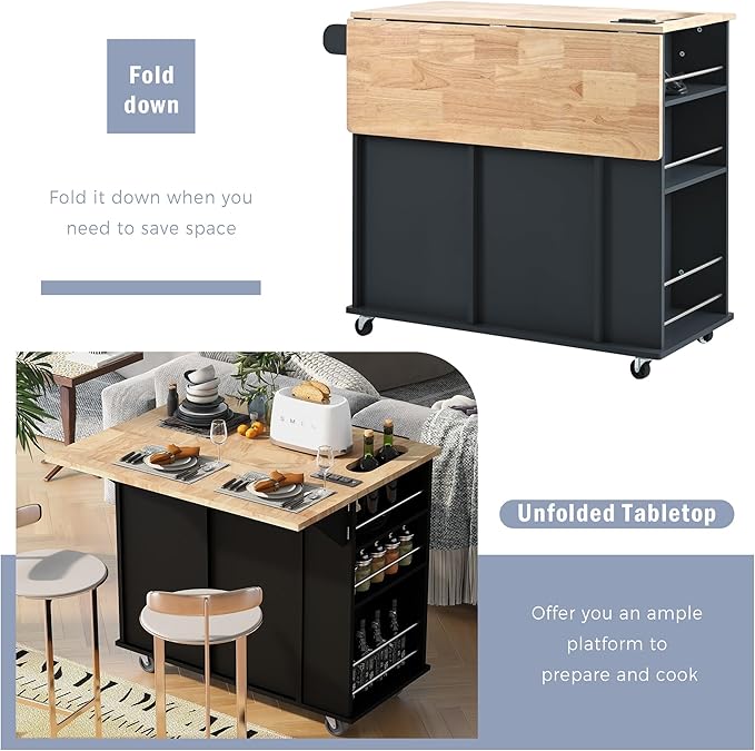 Rolling Mobile Kitchen Island Cart Cabinet with Door, Open Storage Shelves, 2 Drawers and Wine Rack for Dining Room