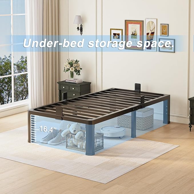 18 inch Twin Bed Frame with Rounded Corner Legs and Headboard Hole Mattress Slide Stopper 3500 LBS Heavy Duty Support Metal Platform,No Box Spring Needed, Noise Free, Easy Assembly