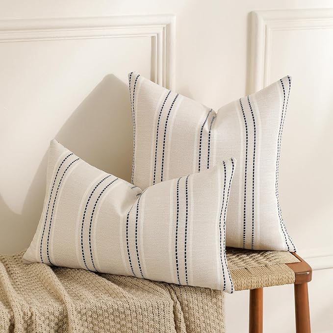 Hckot Throw Pillow Covers 20x20 Set of 2 Striped Pillow Covers Textured Linen Decorative Pillows Square Cushion Covers for Sofa Couch Bed Living Room Farmhouse Decor, Navy