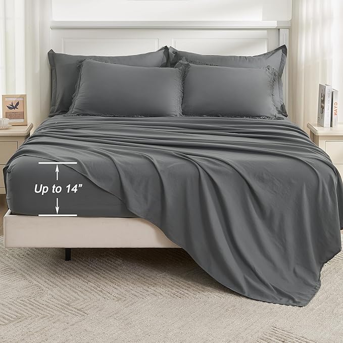 Andency Dark Grey Queen Size Comforter Set with Sheets - 7 Pieces Boho Tassel Bed in a Bag Soft Lightweight Bedding Sets, Dark Grey Fringe Bed Set with Comforter, Sheets, Pillowcases & Shams