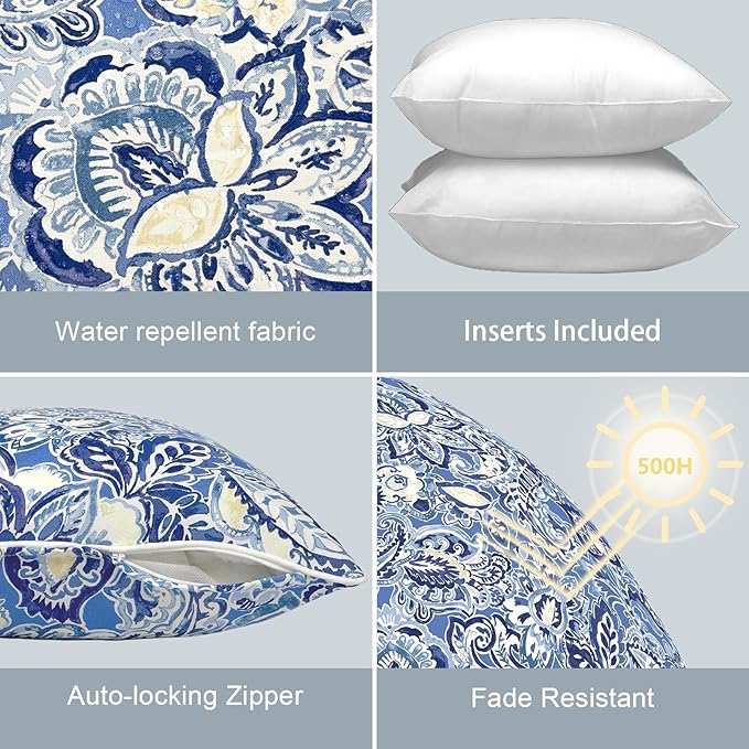 LVTXIII Set of 2 Patio Throw Pillows 16"x16" Fade Resistant Outdoor Throw Pillows with Inserts, Fluffy Decorative Garden Toss Pillow Cushions for Home Coach Sofa Use, Floral Bluish Violet