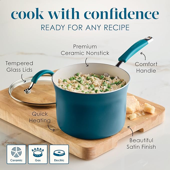 Rachael Ray Cucina Ceramic Cookware Set - 13 Pieces - Ceramic Pots and Pans Set w/Nonstick Frying Pans, Saute Pan, Saucepans, Stockpot, Lids, Pan Protectors & Cooking Utensils - Marine Blue