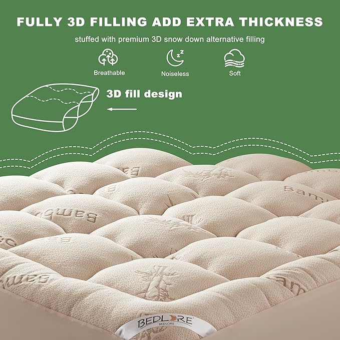 BEDLORE Twin Mattress Topper Viscose Derived from Bamboo, Thick Pillow Top Mattress Pad with Stretchable Pockets for 6"-15" Mattress, Soft Breathable Mattress Topper for Back Pain Relief(Beige)
