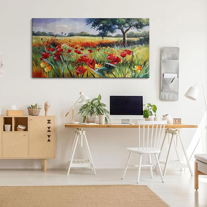 Wall Decor for Living Room Large Wall Art Green Trees Red Yellow Flowers Canvas Art Wall Decor for Bedroom Modern Home Decor Framed, Nature Prints Artwork Wall Decorations 24x48