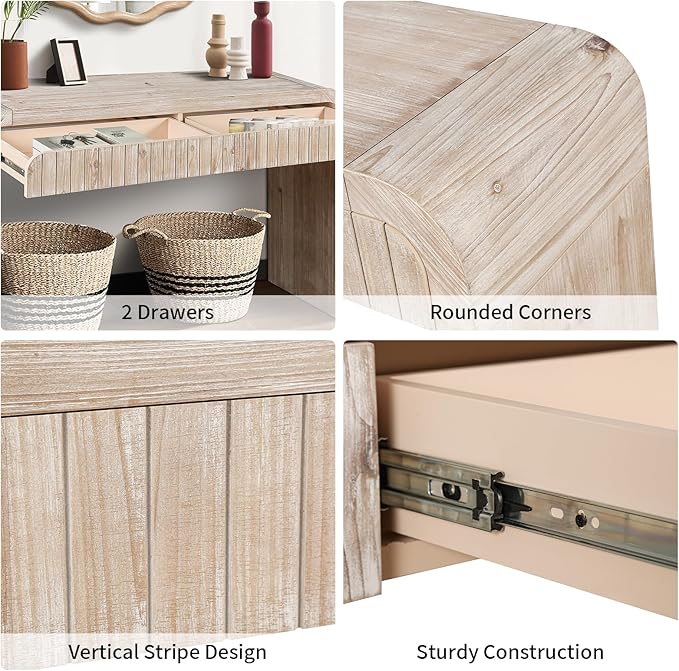 59" Wood Console Table for Entryway, Long Sofa Table Behind Couch Narrow Entryway Table with 2 Drawers Fluted Design for Living Room, Hallway, Foyer, Easy Assembly, Natural Wood