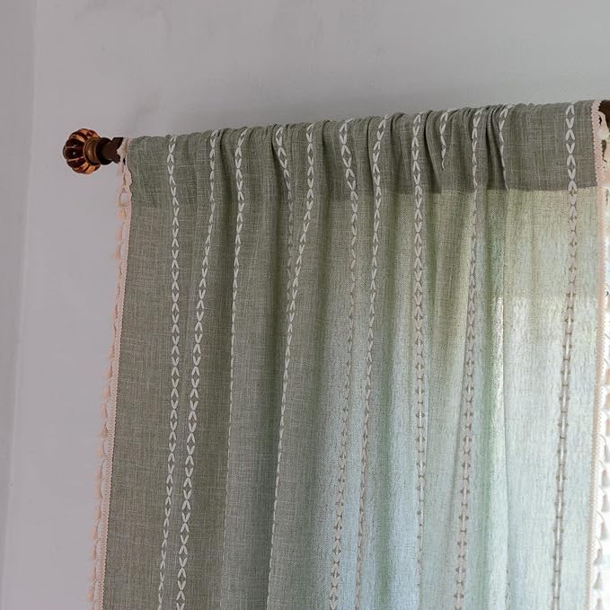 Boho Embroidery Striped Linen Curtains 84 Inches Long 2 Panels for Bedroom - Sage Green Country Farmhouse Bohemian Light Filtering for Living Room (52" W x 84" L)