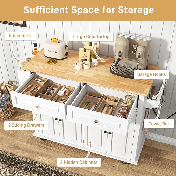 51.2" Movable Kitchen Island with Drop Leaf and Power Outlet, Rolling Island Cart w/Storage Cabinet, Island Table on Wheels for Kitchen w/2 Drawers, Spice Rack, Towel Bar, Garage Hook, White