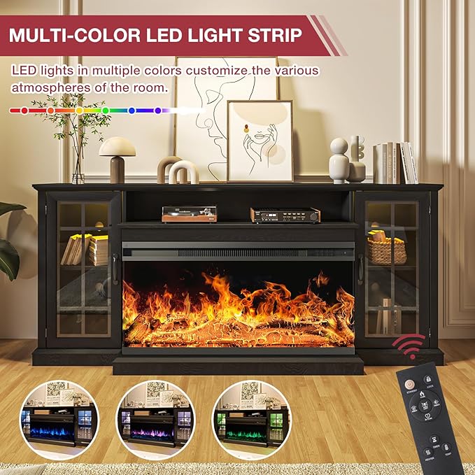 oneinmil 36 Inch 3-Sided Glass Fireplace TV Stand for TVs up to 80", Rustic Media Entertainment Center Console Table with Glass Door Closed Storage, Set of TV Table, Black