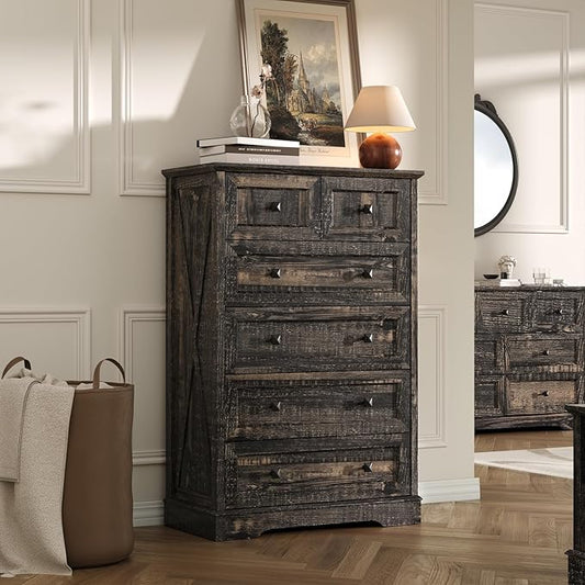 Farmhouse 6 Drawers Dresser Chests for Bedroom,Tall Chest of Drawers, Wood Dressers Organizer for Closet, Modern Storage Organizer Cabinet for Bedroom,Living Room,Hallway & Entryway,Dark Rustic Oak