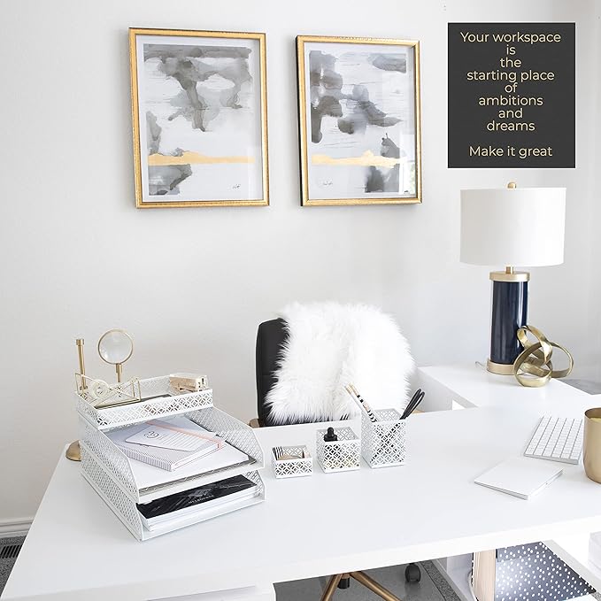 BLU MONACO White Desk Organizer Set for Women – 6-Piece Interlocking Office Supplies Set, Pen Cup, 3 Accessory Trays & 2 Letter Trays, White Paper Tray Holder