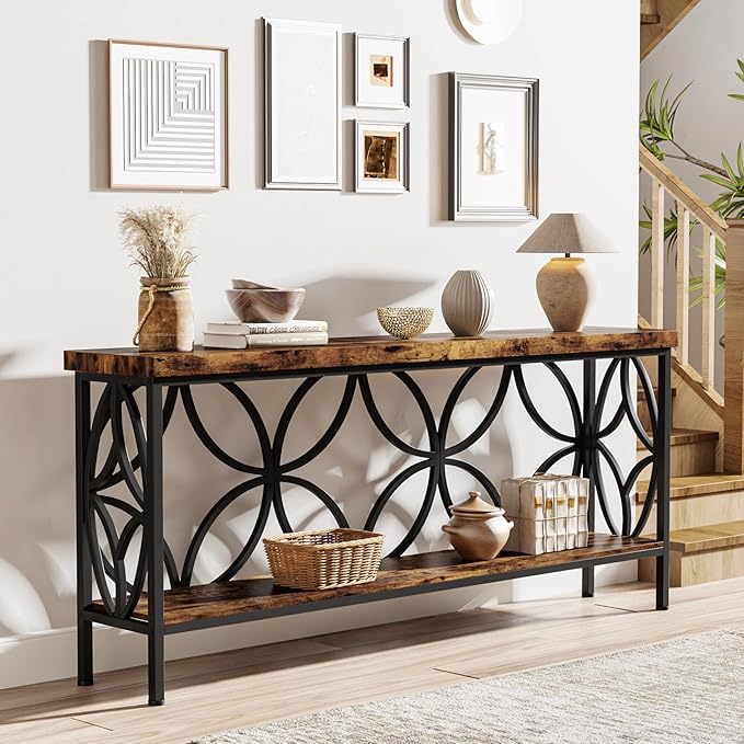 Tribesigns 70.9-Inch Narrow Sofa Table, Industrial Long Sofa Table Behind Couch, Entry Console Table with Storage for Entryway, Living Room, Foyer, Unique Design, Rustic Brown