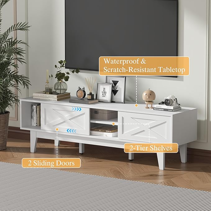 Wooden TV Stand for 55 65 70 inch TV, Long & Large TV Media Console Table with Storage Cabinets, Boho Farmhouse Entertainment Center for Living Room, Bedroom - White