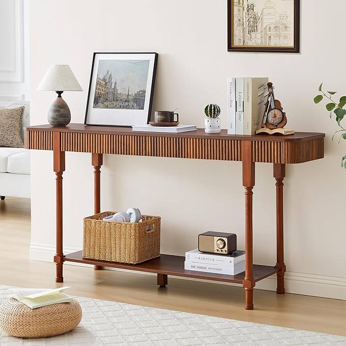 63”Console Table with 2 Drawers,Retro Entryway Table with Fluted Panel & Storage Shelf,Narrow Long Behind Couch Tables Accent Sofa Table with Solid Wood Legs for Living Room Foyer Hallway(Walnut)