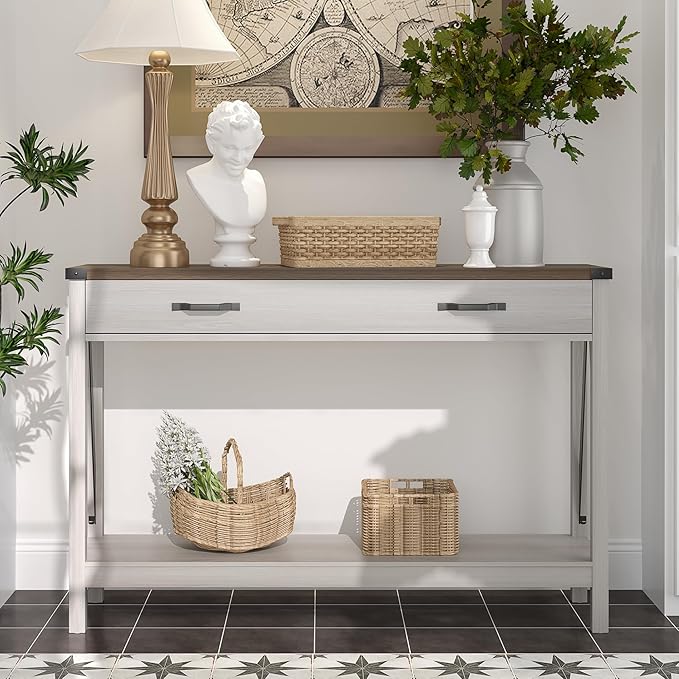 ChooChoo 47'' Farmhouse Console Table with Drawer, Entryway Table with Storage Shelf, Rustic A-Design Sofa Table for Hallway, Entrance, Living Room, White&Brown
