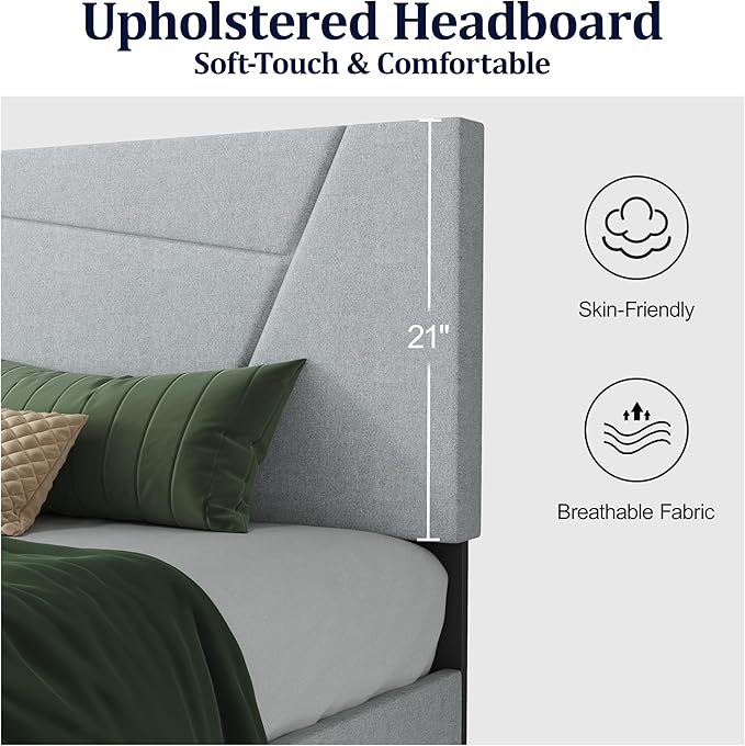 Queen Size Bed Frame, Queen Platform Bed Frame with Fabric Upholstered Headboard, Geometric Pattern, Sturdy Frame and Slats, Noiseless, No Springs Required, Easy to Assemble，Light Gray