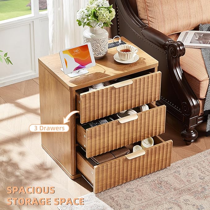 LEYAOYAO Fluted Farmhouse Nightstand Set of 2 with Charging Station, 23" Wide 2 & 3 Drawers Large End Table with Metal Handle, Brown Night Stand Bedside Table, Wood Dresser for Bedroom,Closet