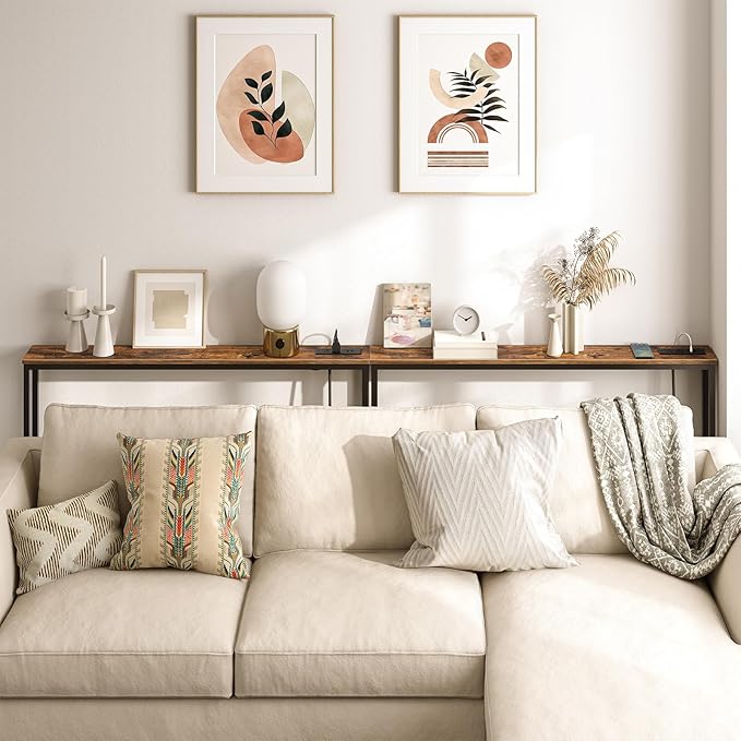 HOOBRO 39.4" Skinny Console Table with Power Outlet, 5.9" Behind Couch Table with Charging Station, Narrow Sofa Table, Long and Thin Table for Entryway, Living Room, Rustic Brown BF51UXG01