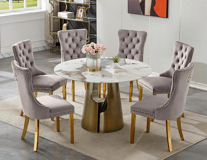 7-Piece Faux Marble Round Dining Table Set for 6, Modern Luxury Kitchen Table Set for 6 with Grey Tufted Chairs,Circle Dining Tables with Pandora Grain Top and Bronze Pedestal Base