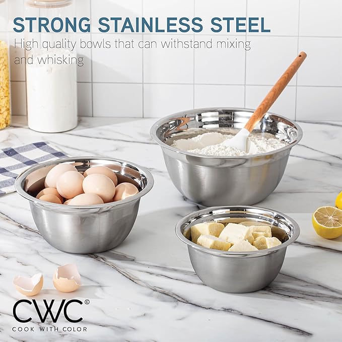 COOK WITH COLOR Stainless Steel Mixing Bowls Set - Nesting Bowls with Non-Slip Bottom and Easy-Grip Handles, Silver, 12 Pieces
