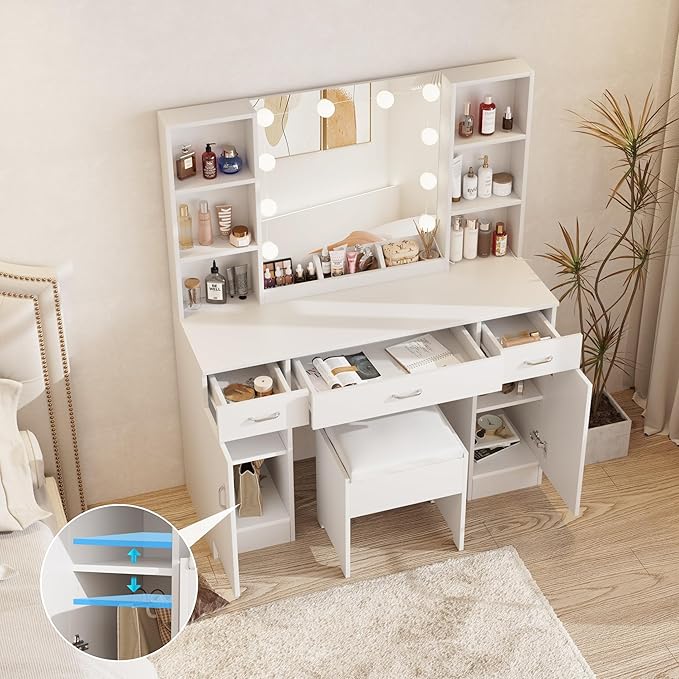 Makeup Vanity Desk with Lights, White Vanity Set Makeup Table with 3 Drawers, 2 Cabinets and Multiple Shelves, Large Vanity 45inch