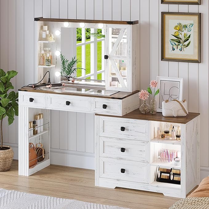 Farmhouse Vanity Desk with Lighted Mirror, Makeup Vanity Table with 9 Hollywood Bulb Lights/6 Drawers/Large Storage, White Dressing Table 3 Colors Lighting & Charging Station for Women
