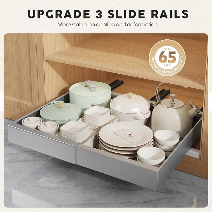 2 Pack Pull Out Cabinet Organizers 21"Deep With Raising Pad for Framed Cabinets,Expandable Slide Out Drawers Upgrade 3 Slide Rails,Roll Out Shelves Adhesive,Adjustable Width 12"-20.45" Silver