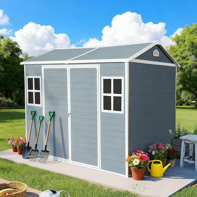 8x6 FT Outdoor Storage Resin Shed with Floor, Waterproof Plastic Garden Tool Shed with Windows, Vents & Lockable Door and Sloped Roof, Easy to Assemble Bike Shed for Patio, Backyard, Lawn, Grey