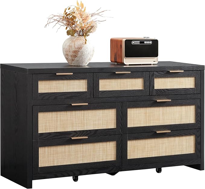 SICOTAS 7 Drawer Dresser for Bedroom, 57" Wide Rattan Dressers, Large Chest of Drawers for Bedroom, Dresser TV Stand, Boho Closet Organizer (Black Oak, 7 Drawers (1 pc))