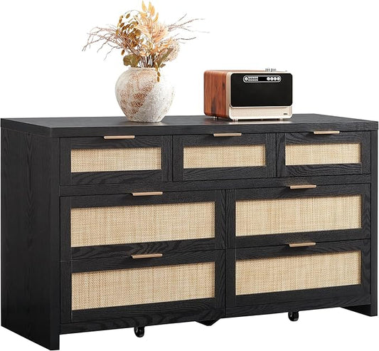 SICOTAS 7 Drawer Dresser for Bedroom, 57" Wide Rattan Dressers, Large Chest of Drawers for Bedroom, Dresser TV Stand, Boho Closet Organizer (Black Oak, 7 Drawers (1 pc))
