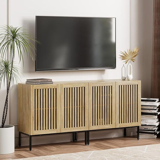 Farmhouse TV Stand for 70 Inch TVs, 2-in-1 Entertainment Center with Storage Cabinets & Metal Base,Oak Media Console for Living Room