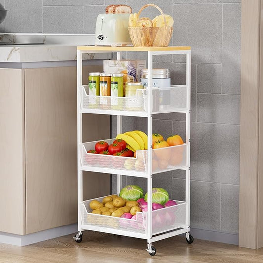 HapiRm Fruit Basket Kitchen Cart - 4-Tier Rolling Storage Cart with Wheels, Wood Top Utility Pantry Cart for Vegetables, Potatoes, Onions, Bread, Snacks