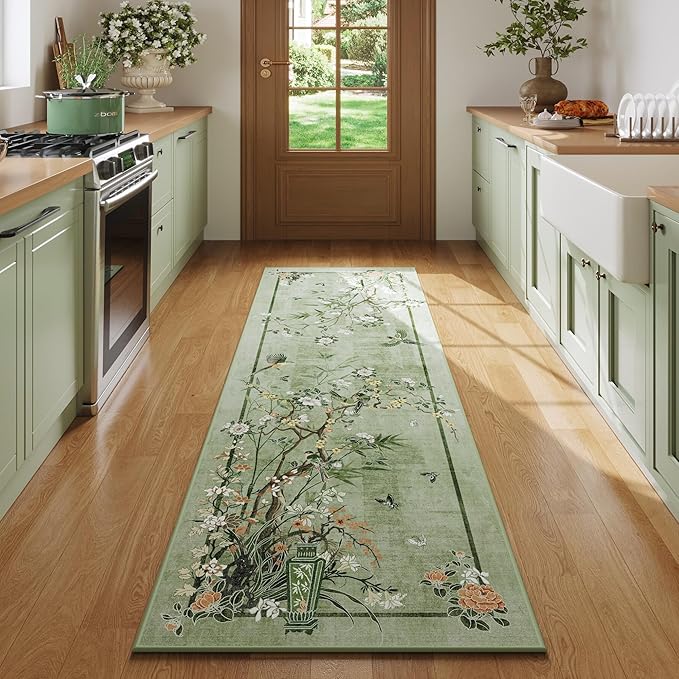 Runner Rug 2x6 Chinoiserie-Style Floral Vintage Kitchen Rugs Non Slip Washable with Rubber Backing Soft Carpet for Laundry, Bedroom, Bathroom, Green