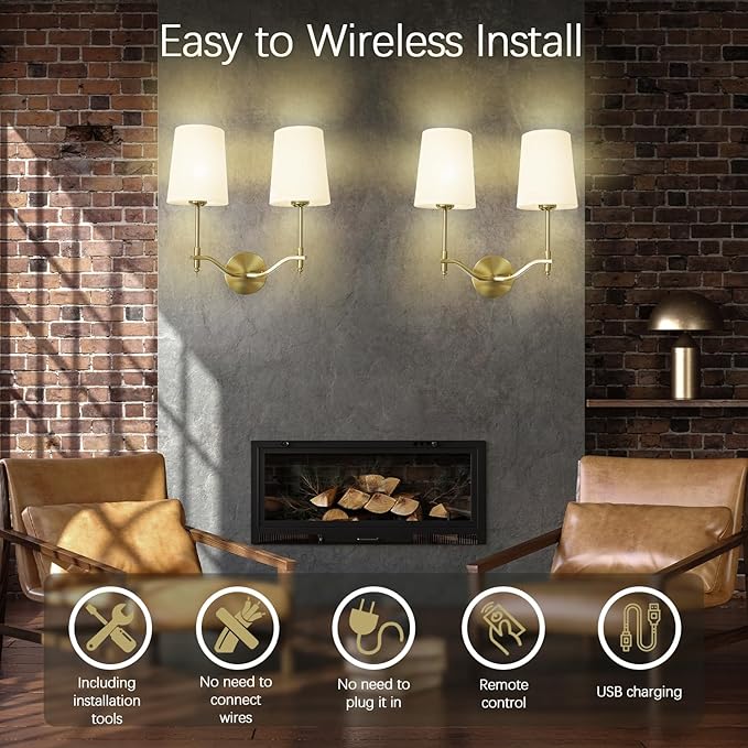 Wall Lights Battery Operated Wall Sconces 2-Light, Gold Rechargeable Wall Sconce with 15 RGB Dimmable Detachable Bulbs and Remote, Wireless Battery Powered Wall Lamp for Living Room Bedroom