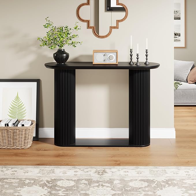 Fluted Console Table, Farmhouse Entryway Table with Storage and Fluted Wood Legs, Narrow Sofa Table Small Long Entry Table for Entrance, Hallway, Living Room (Black)
