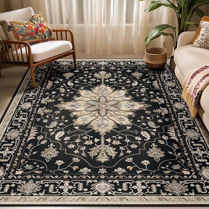 Area Rugs 5'x7' Washable Non-Slip, Floral Vintage Distress Print Pattern Medallion Carpet for Living Room Bedroom Dining Room, Black Brown Neutral Dark Tan