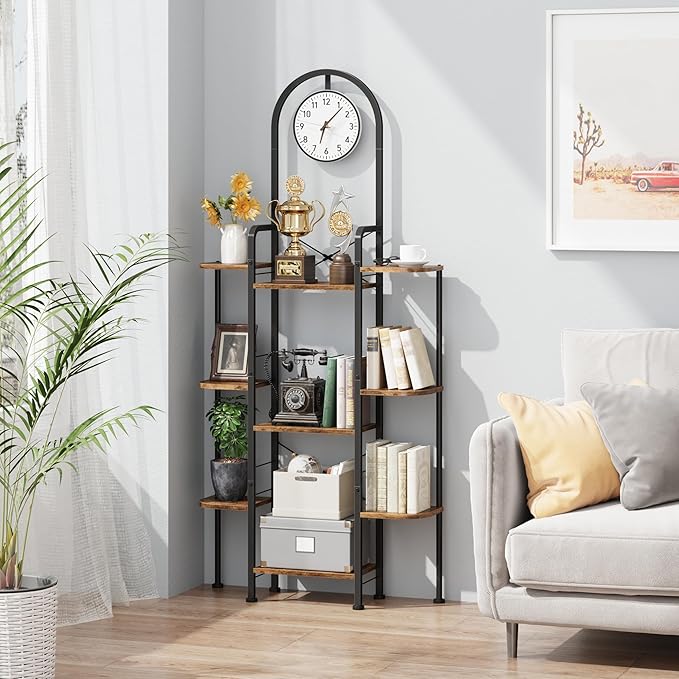 Bookshelf with Wall Clock, Triple Bookcase with Open Display Shelves, Industrial Style Book Shelves, Modern Display Shelf for Living Room, Bedroom, Home Office, Rustic Brown