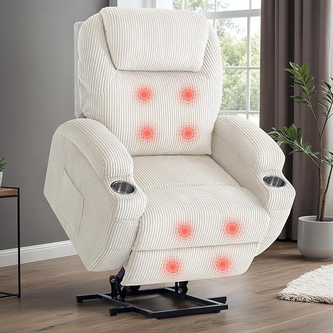VICTONE Electric Power Lift Recliner Chair for Elderly Reclining Sofa for Living Room with Massage, Side Pockets and Cup Holders (Corduroy, Beige)