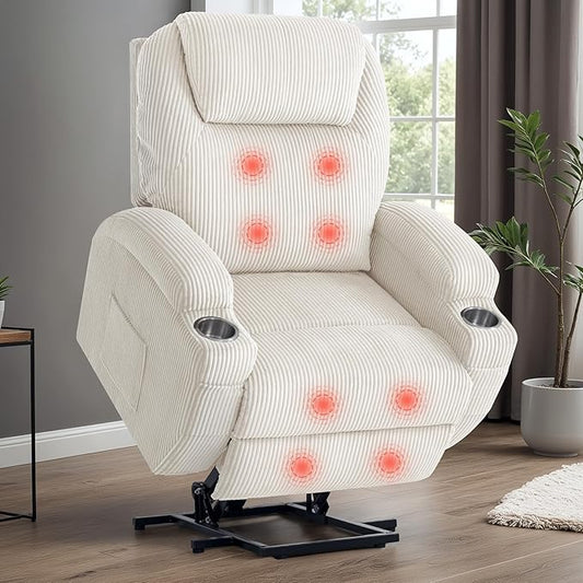 VICTONE Electric Power Lift Recliner Chair for Elderly Reclining Sofa for Living Room with Massage, Side Pockets and Cup Holders (Corduroy, Beige)