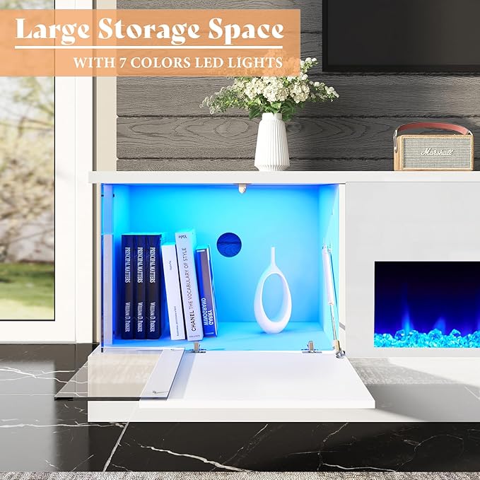 AMERLIFE High Gloss Fireplace TV Stand with 40" Fireplace, 80" LED Lights Entertainment Center with Flip Doors & Corner Glass Decor, Modern TV Console Table for TVs up to 90", Living Room, White&White