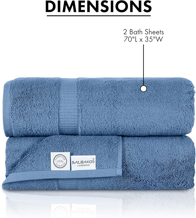 SALBAKOS 100% Turkish Cotton Extra Large Bath Sheet Set of 2 35x70 inch | Heirloom Quality | Hotel & Spa Collection | Ultra Soft, Absorbent Oversize Bath Towels | Made in Turkey (Blue, 2 Bath Sheets)