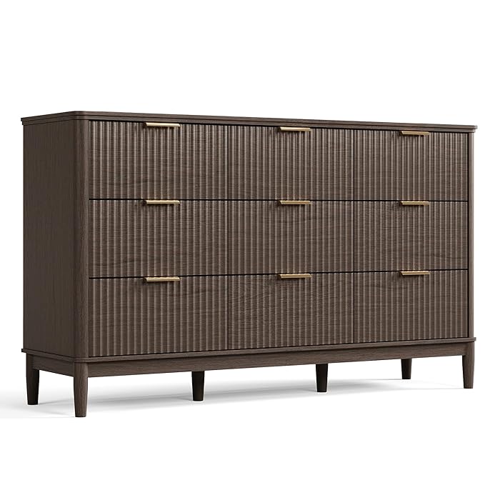 LINSY HOME Fluted Dresser for Bedroom with 9 Drawers, 58" Wide Chest of Drawers, Mid Century Modern Dresser TV Stand with Metal Handle, Wood Closet Storage Cabinet for Living Room, Hallway, Walnut